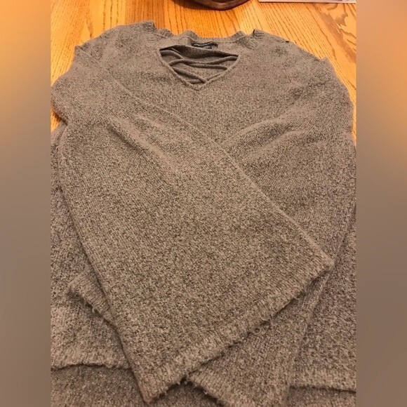 American Eagle Puff Sleeve Cross String Cut Out Neckline Sweater - Picture 9 of 15